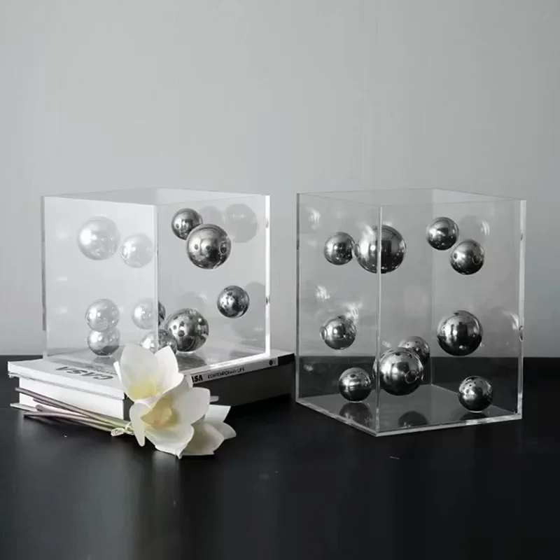 Geometric Metal Ball Art Transparent Acrylic Box Ornaments Modern Minimalist Square Living Room Decorations Desktop Furnishings - Image 3