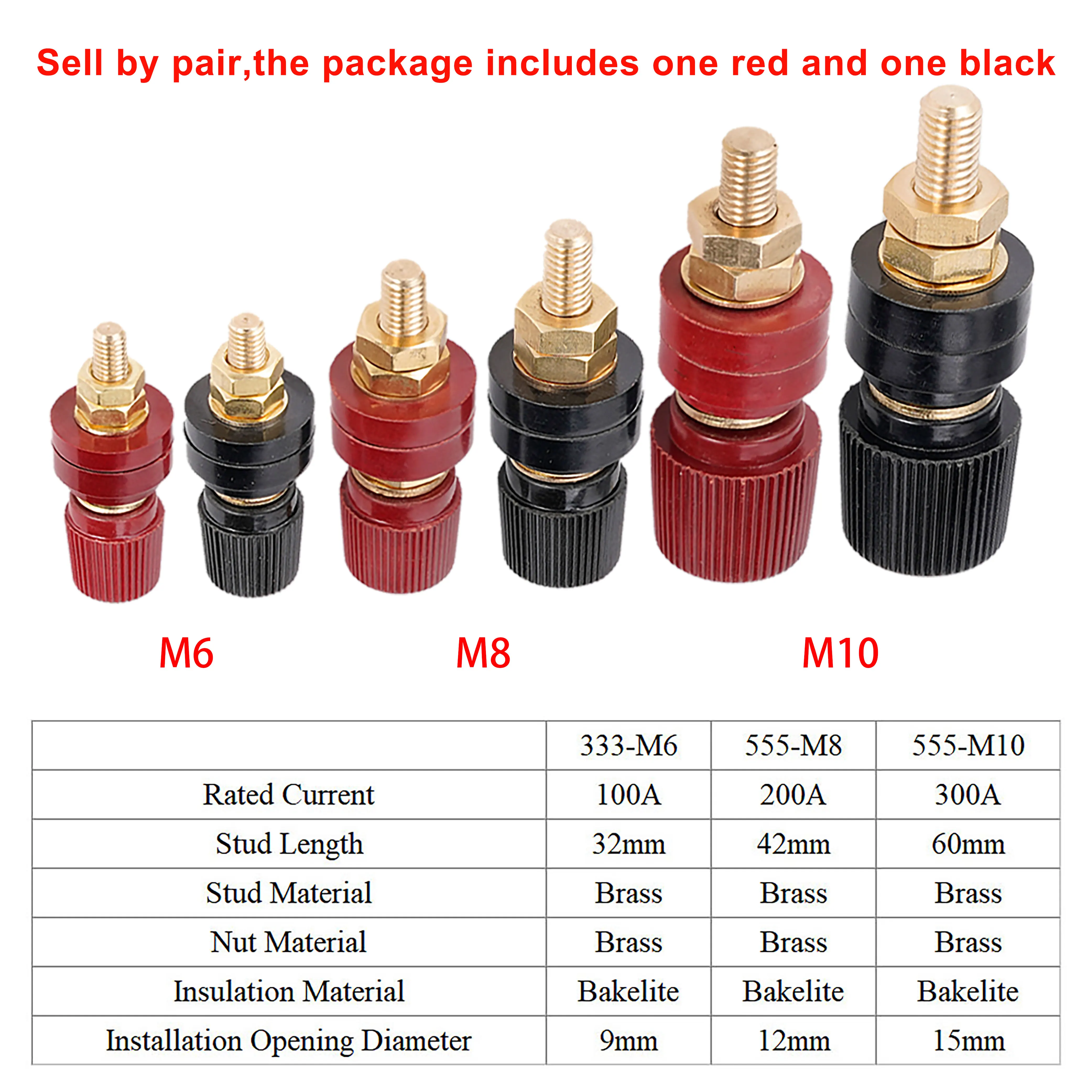 1Pair Auto M6 M8 M10 Battery Wiring Screw Bolts Clips Pure Copper High Current Wiring AC/DC Terminals Kits Black Red