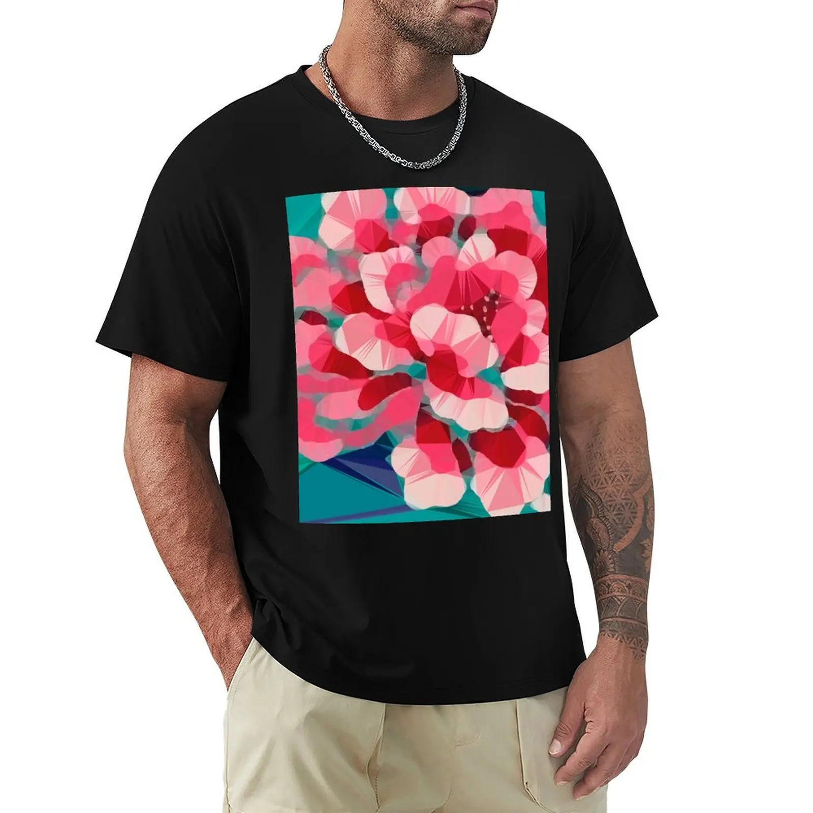 

Vintage Pink Peony Low Poly Geometric Art T-Shirt cheap stuff sweat anime shirts men
