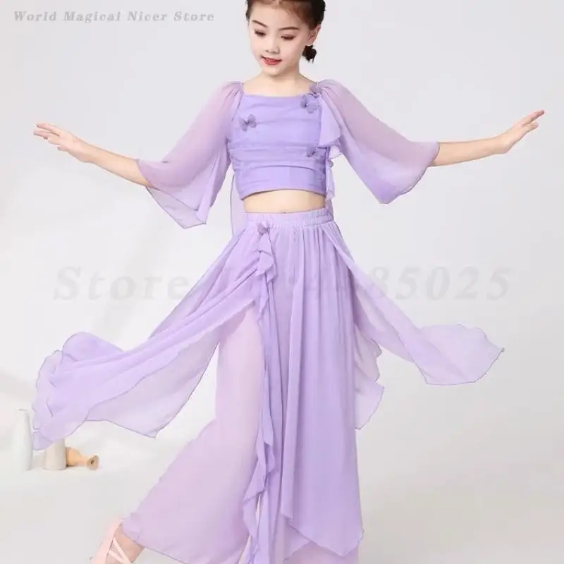 Kids Girls Classical Dance Costumes Chiffon Dancewear Fairy Daily Practice Dance Dress Chinese Style Hanfu Folk Yangko Clothes
