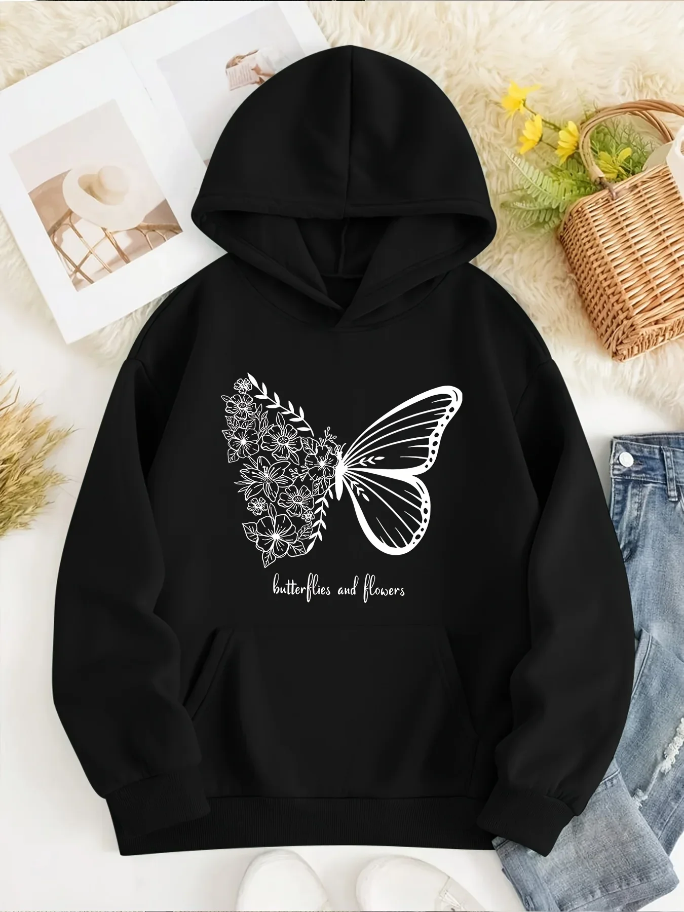 2026 Men's and women's fashionable hooded sweatshirts, long sleeved hoodies with letter flower butterfly pattern printed on them