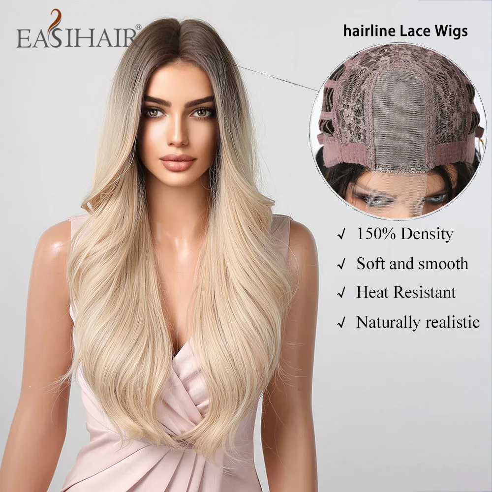 EASIHAIR Blonde Hairline Lace Synthetic Wig Long Natural Wavy Middle Part Hair Wig with Dark Root for Women Daily Heat Resistant