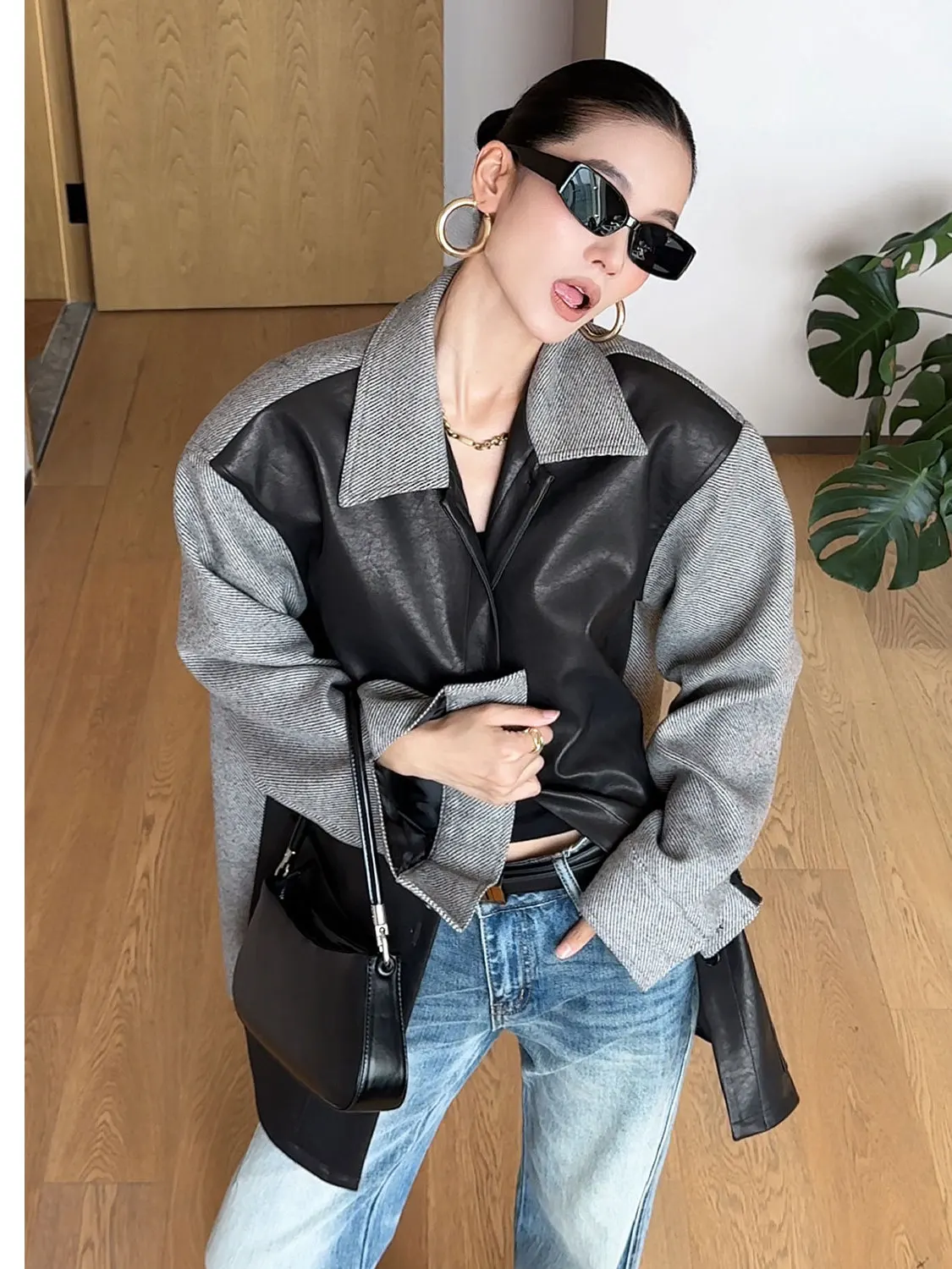 

CIZZLEMORE Slimming Design Woolen Tweed Patchwork Leather Jaet Coat with kets Faionable Commute Sle ort Length