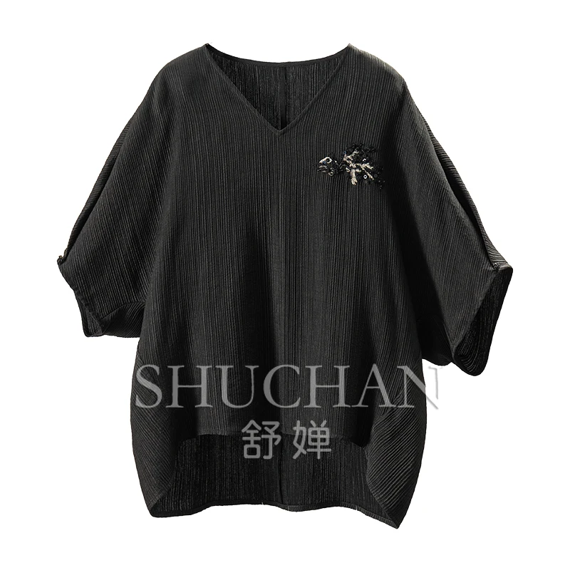 New Bead Embroidery Silk Smooth Crepe Loose Bat Shirt Women 86A7 Blusas De Verano Mujer  Women Tops