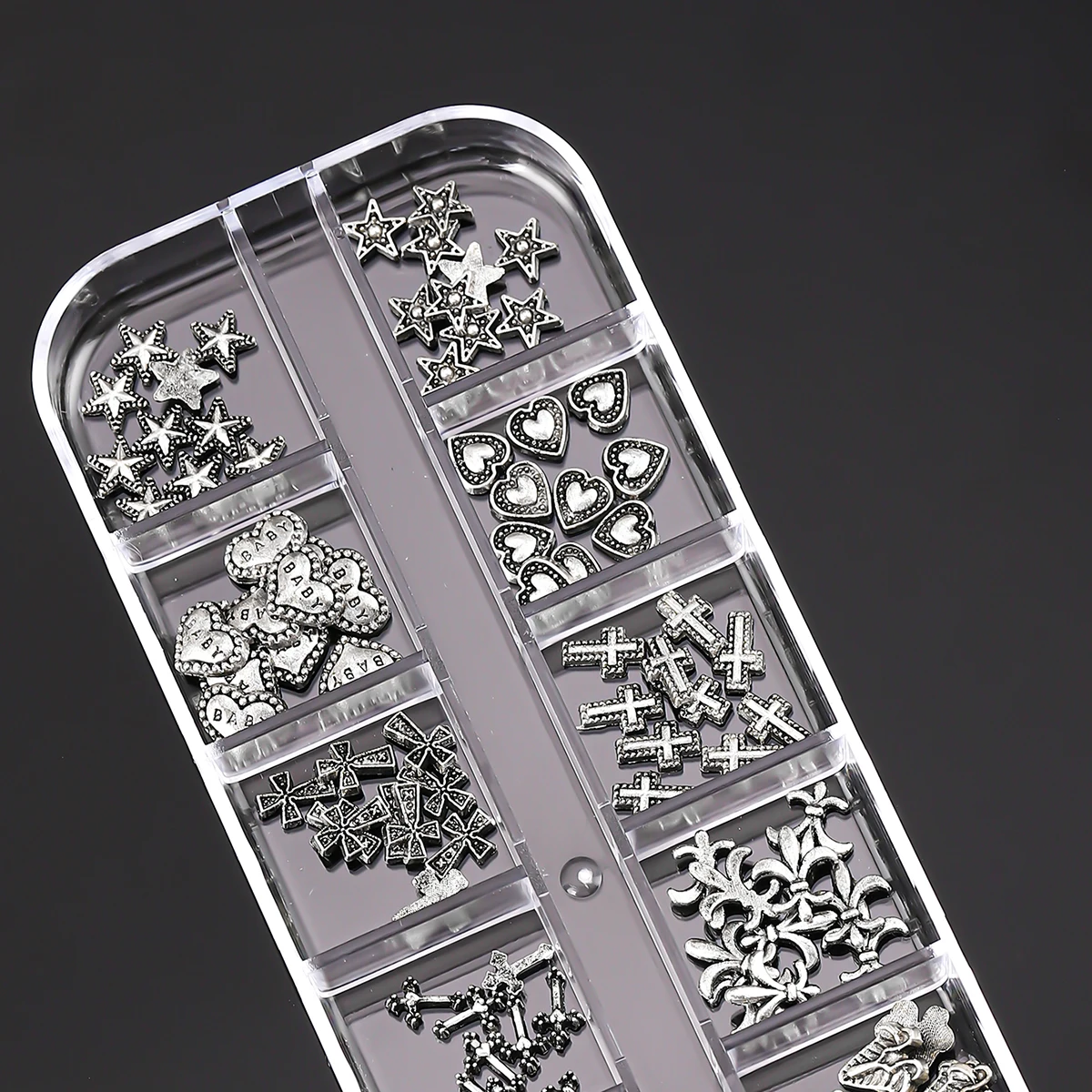 120 pcs / 1 box European American dark vintage style cross nail art patch y2k Premium Metal Style Heart Nail Metal Decorment Set