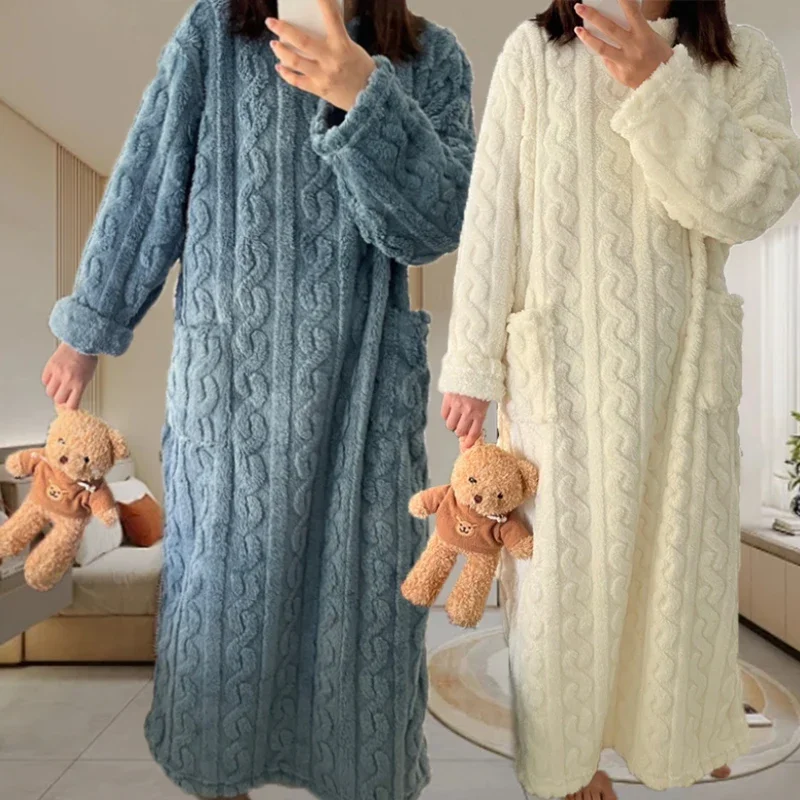 Winter Long Sleeve Double Pocket Flannel Nightgowns Women Loose Solid Sleepwear Jacquard Night Dress Thickened Warm Nightdress