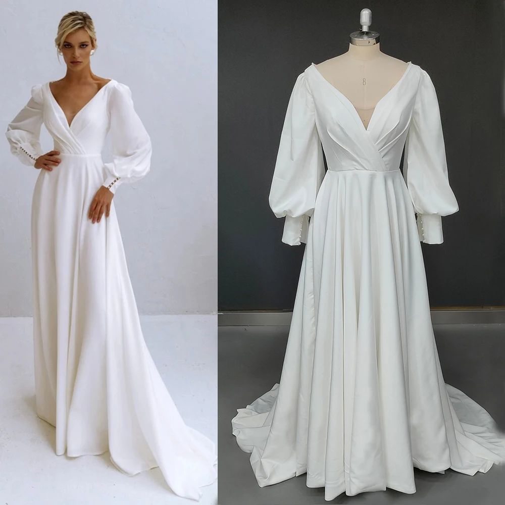 Vestidos de novia con mangas largas y escote en V doble, línea A, personalizados, de talla grande, con borlas de perlas, vestido de novia de satén de lujo Simple