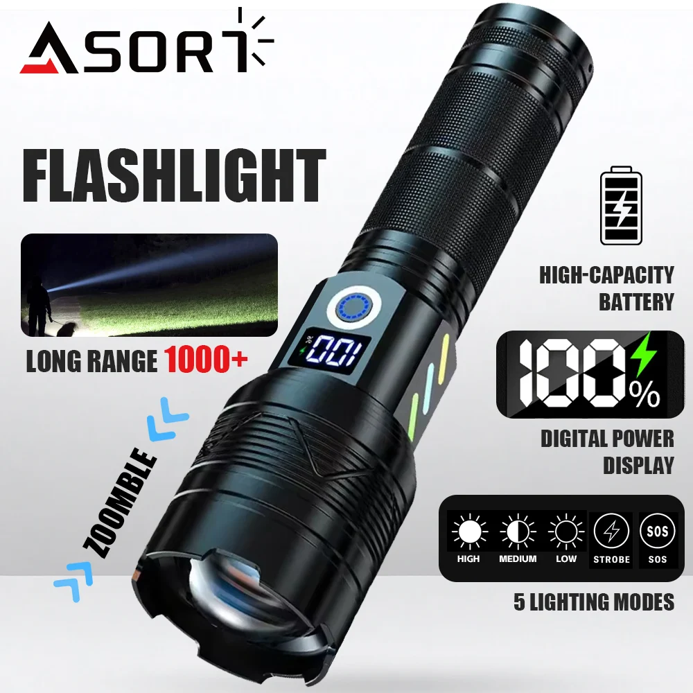 High Power Long Range LED Flashlight USB Charging  Zoomble Tactical Torch Light For Camping Hiking Emergency Lantern