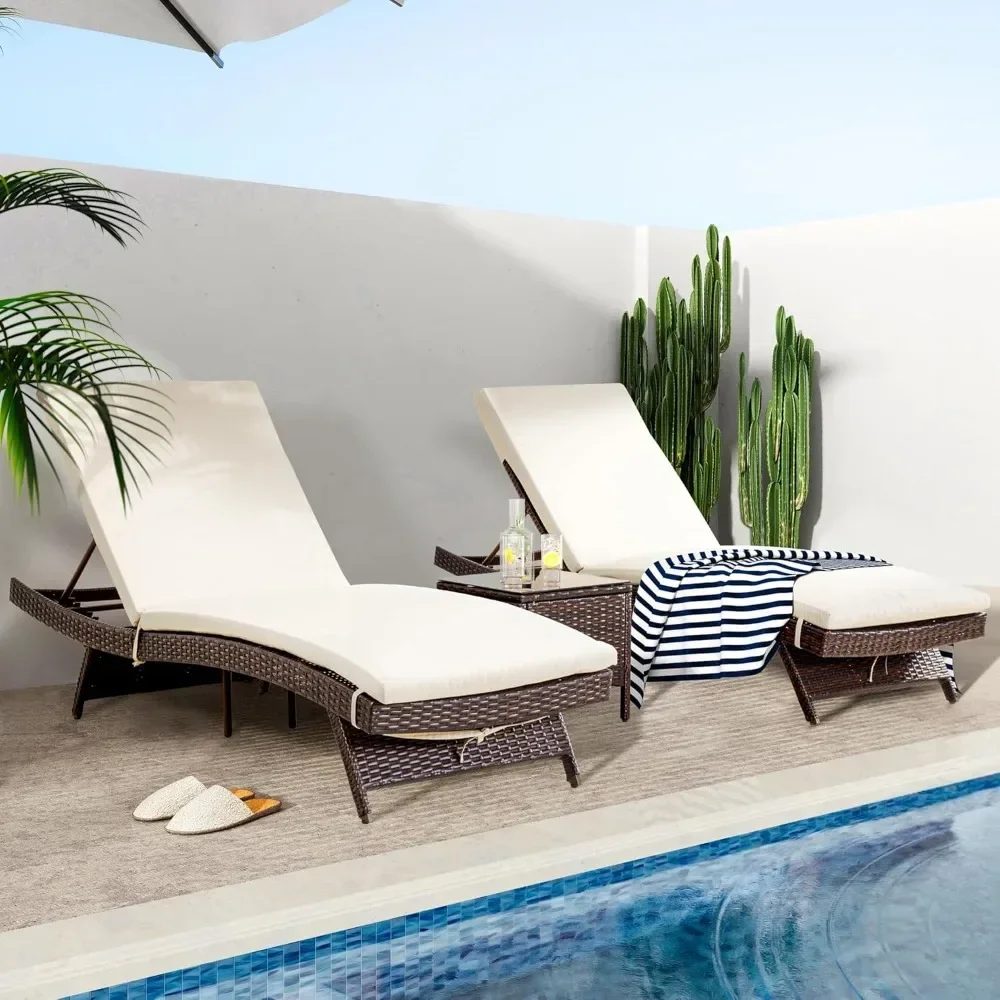 Juego de chaise lounge para patio de 3 piezas con respaldo ajustable y cojín extraíble, silla de piscina al aire libre |