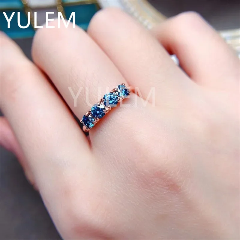 Royal Blue Moissanite Band Ring High Clarity Main Stone 4*4mm 925 Silver Gold Plated Inlaid Daily Wear  Ring for Women