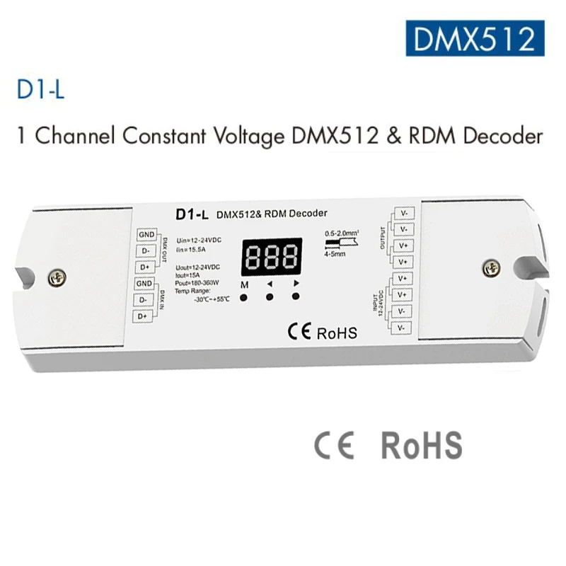 Skydance D1-L DMX512 Decoder 1CH*15A 12-24VDC PWM Frequency Single Color Led Strip Set DMX Decode Start Address By Buttons