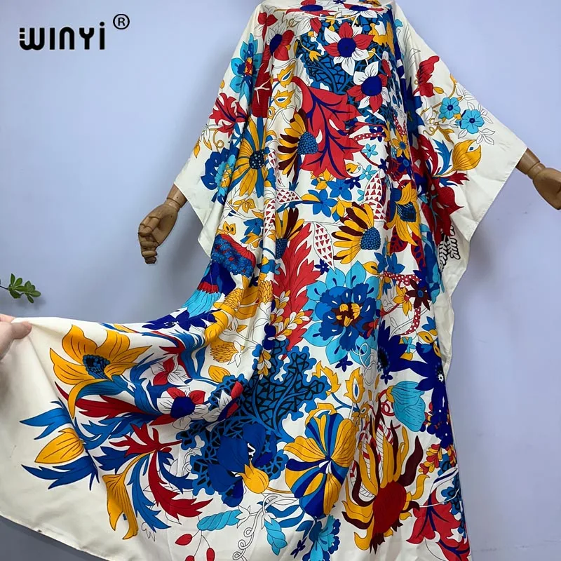 WINYI 2023 new kuwiat Fashion boho Popular printed Silk Kaftan Maxi dress Summer Beach Bohemian kaftan long dress for lady