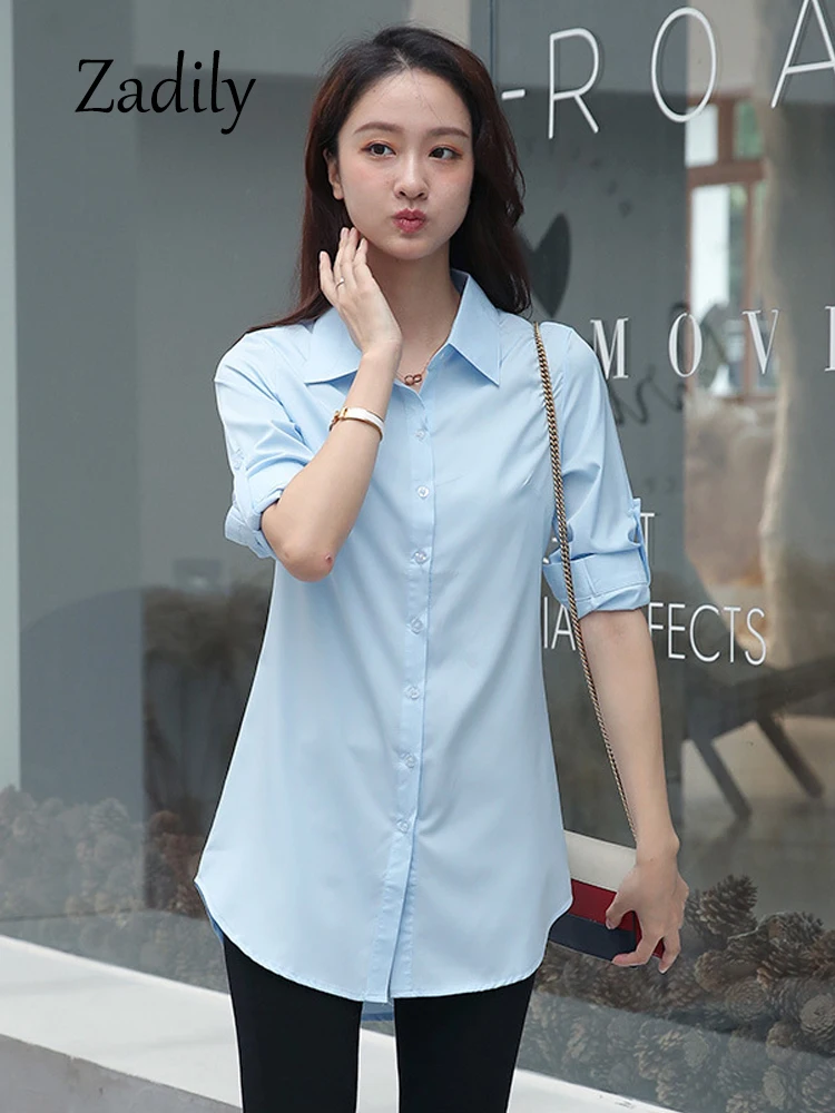 Minimalist Full Sleeve Women Long White Shirt And Blouse Korea Style Button Up Loose Tunic Autumn Turn Down Collar Bf Clothing