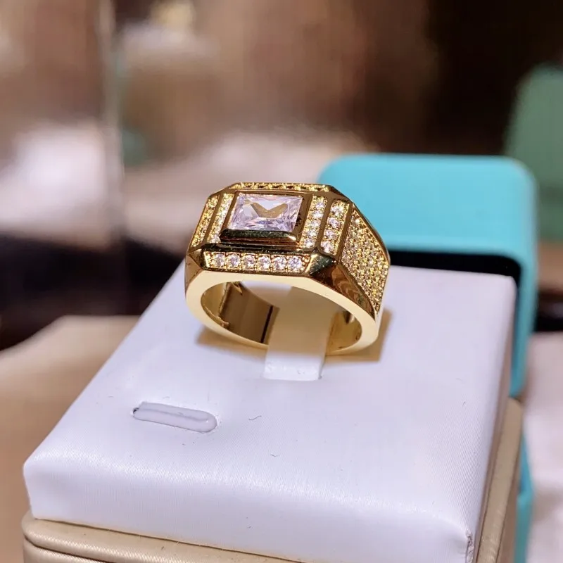 New Yellow Gold Rectangular Diamond Luxury Large Diamond Ring Male Ring 925 Stamp With Diamond Ring Party Birthday Gift