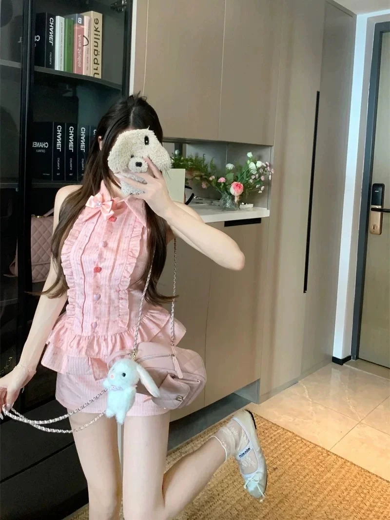 

Pink Sweet And Spicy Pure Desire Summer Dopaamine Trendy Women's Sleeveless Top And Skirt Two-Piece Set Fashionable Outfit