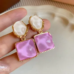 Purple Square Resin Dangle Earrings for Women White Oval Asymmetric Blue Geometry Drop Earrings Party Trendy Personality Jewelry