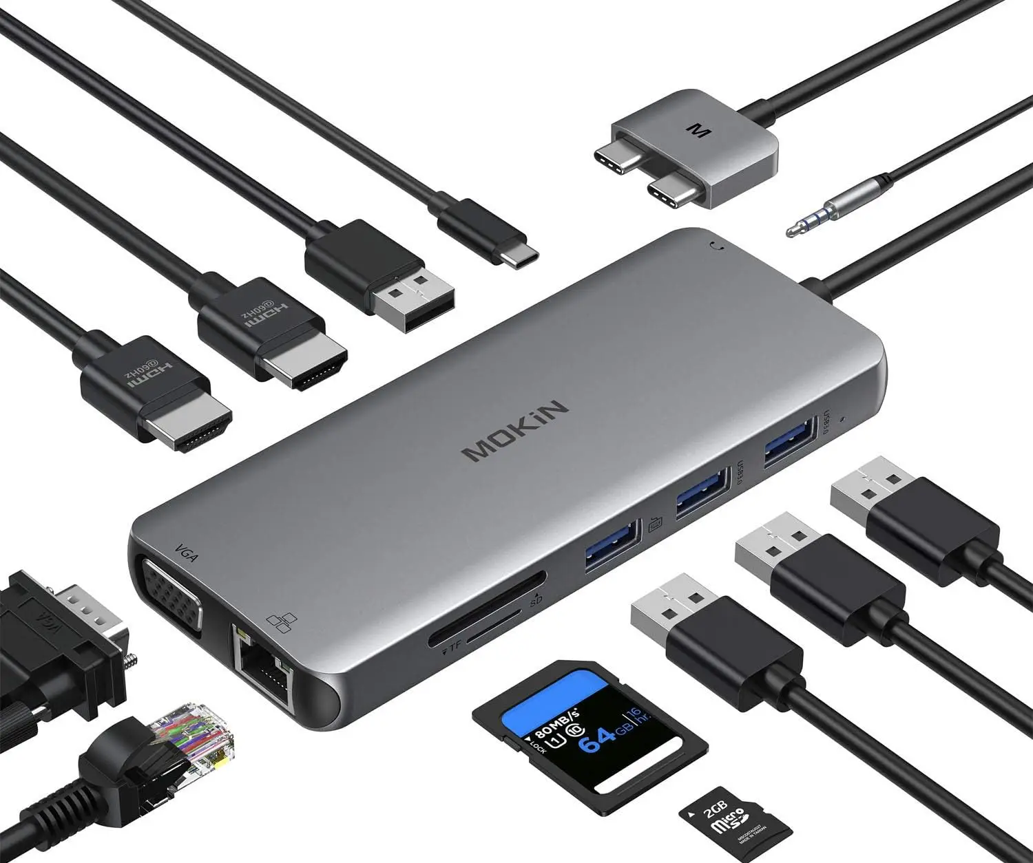 

Многофункциональный USB-C хаб 12-в-1 с двумя HDMI, VGA, Ethernet, 4 портами USB, кардридером SD/TF, поддержкой 100W PD и аудиовыходом