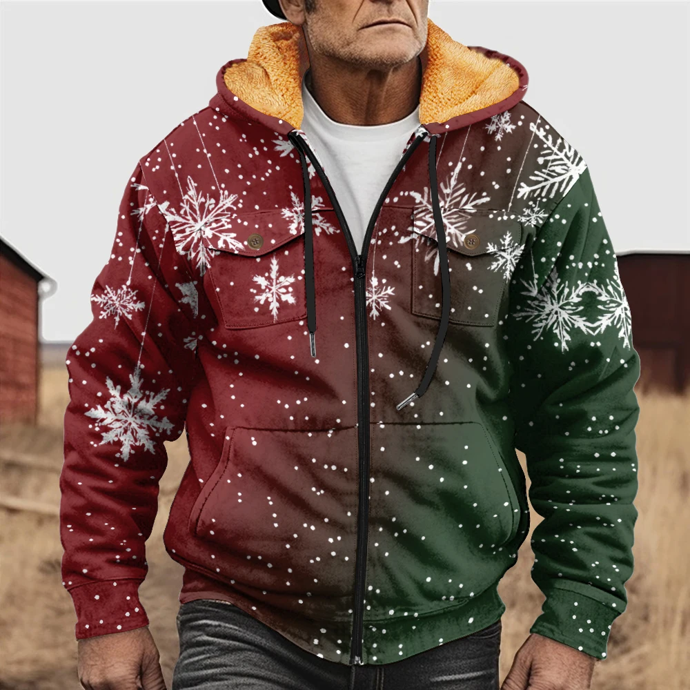 Men's winter jacket with red and green blend print, fashionable, avant-garde, thick and warm