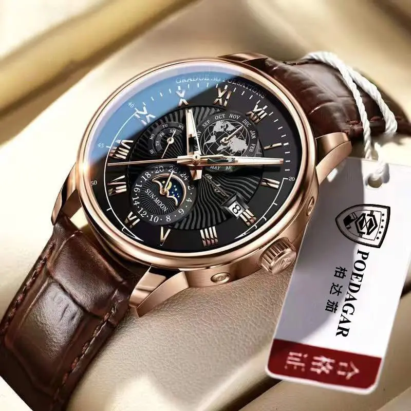 Men Moon Phase Chronograph Watch, White Hollow Dial Rose Gold Case Brown Leather Strap Luminous Waterproof Business Wristwatch
