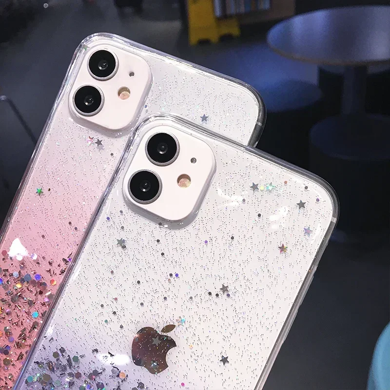 Coque de téléphone transparente à paillettes dégradées mignonnes, coque pour iPhone 16, 14, 15, 13, 12 Pro, 11 Pro Max, XS Max, Poly X Mini, SE, 2020