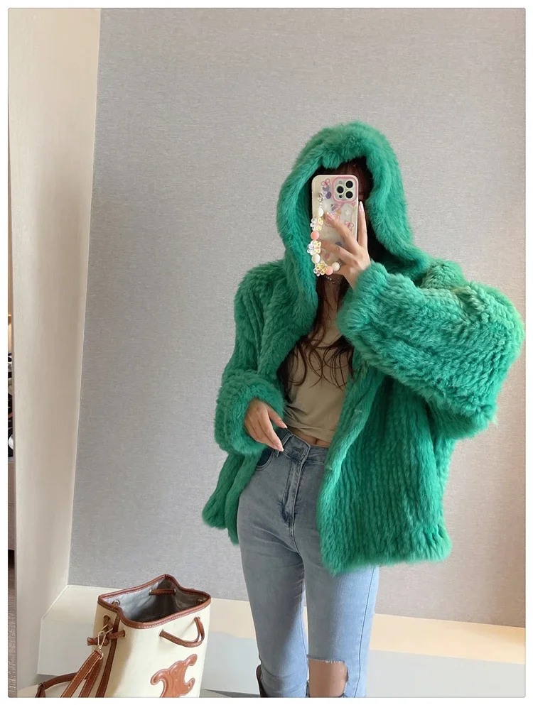 Real Rabbit Fur Double Sided Woven Hooded Coats Bat Sleeve Heavy Industry Solid Color Warm Outerwear Female Clothing Winter