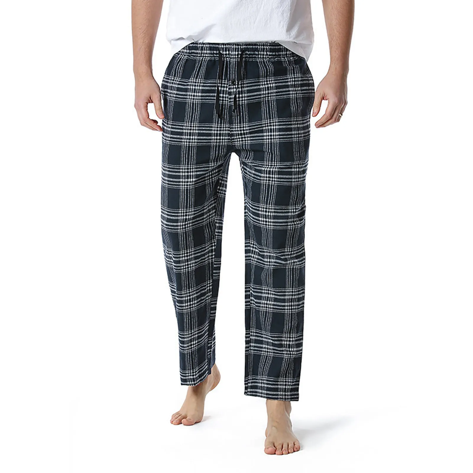 Men's Home Pants Cotton Super Soft Men Joggers Sweatpants Flannel Plaid Pajama Pants Solid Color Men Sleepwear Pants