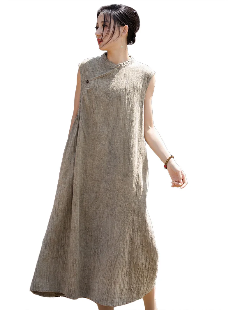 Tie Dye Asymmetrical Sleeveless Midi Dress Women Loose Summer Linen Cotton Dresses