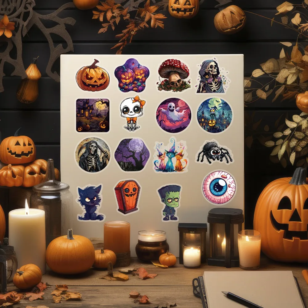 50 Halloween PET Stickers for Holiday Decoration, Horror Waterproof Pumpkin Skull Eyes DIY Decorative Stickers for Kids Toys