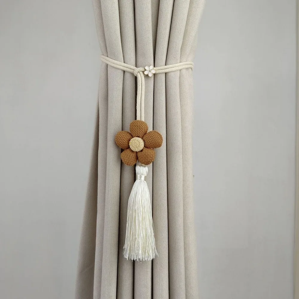 Elastic Band Curtain Tieback Flower Shape Adjustable Window Curtain Buckles Tassels No Punching Curtain Rope Holders Living Room