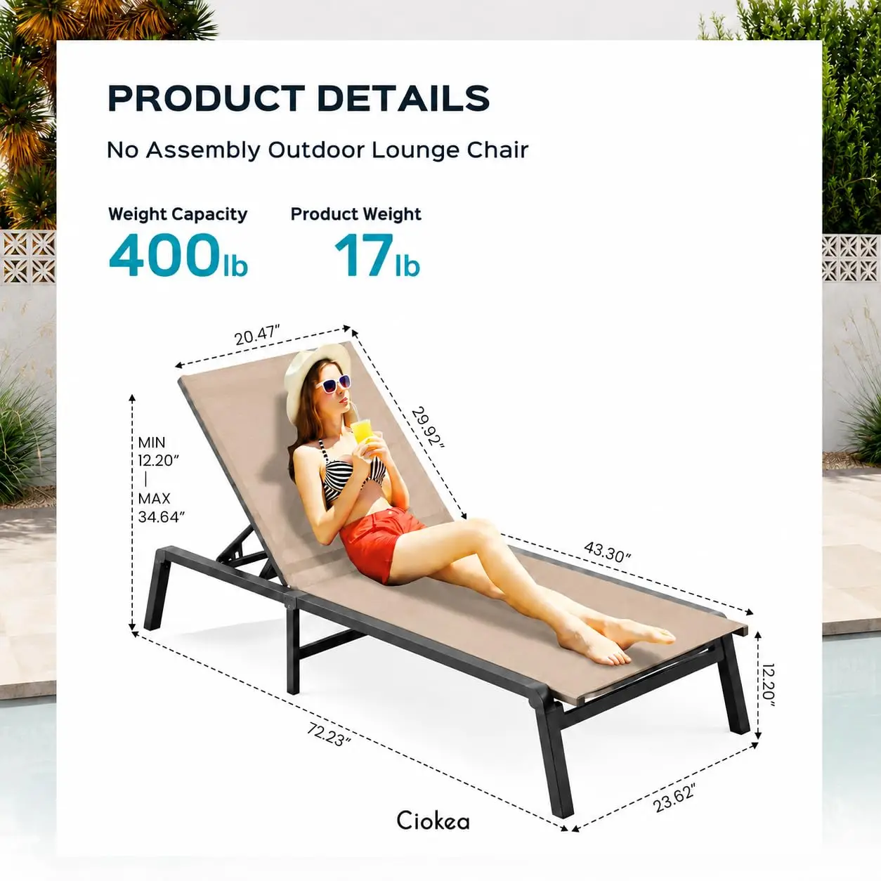 Foldable Aluminum Patio Chaise Lounge Set of 2, 5-Position Adjustable Backrest Outdoor Poolside Lawn Deck Lounger, Customized