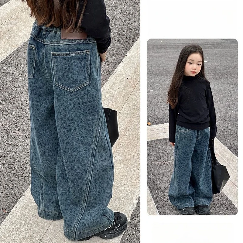 

2026 Girls Leopard Jeans, New Fashion Kids Straight Leg Wide Pants for Spring Autumn
