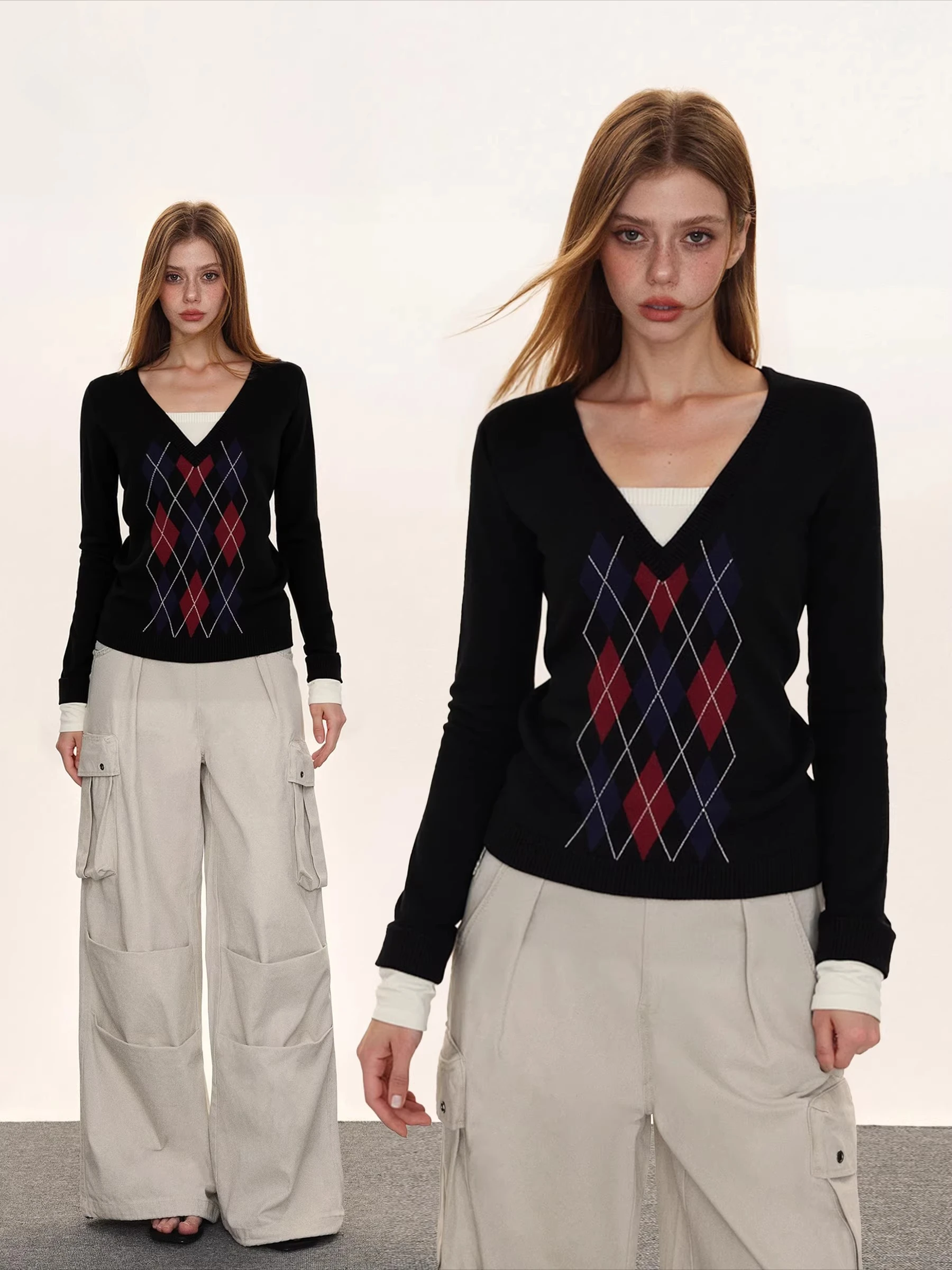 

Свитер с длинными рукавами, контрастными цветами, модный повседневный, с ромбовидным узором, ретро, с небольшим V-образным вырезом, топ-свитер