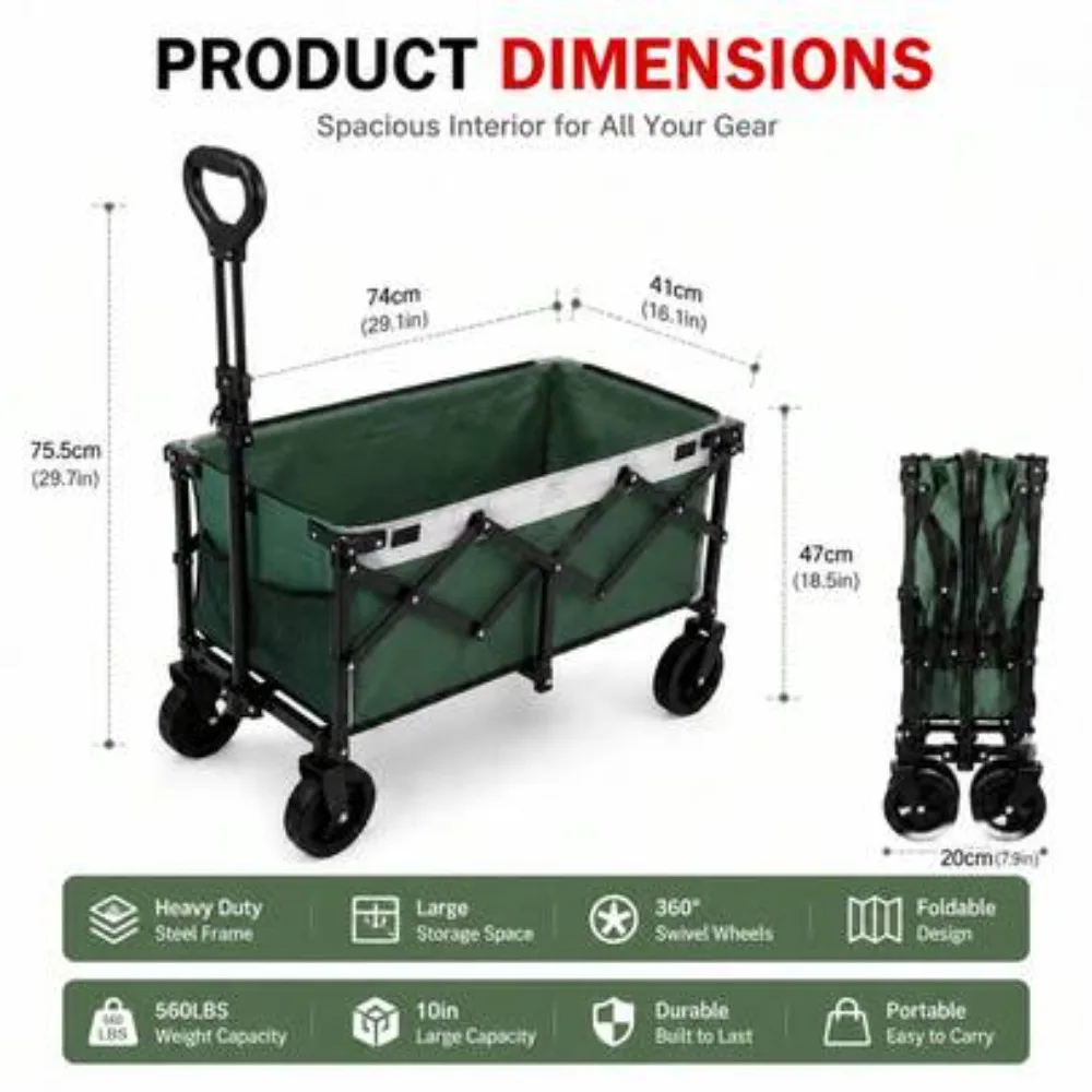 Collapsible Folding Wagon Cart 560LBS Capacity, Heavy Duty Utility Wagon with All Terrain Wheels for Camping Shopping Garden Beach, Foldable Push Cart Easy Storage No Assembly, Portable Cargo Trolley for Groceries Outdoor Gear, Multiple Colors