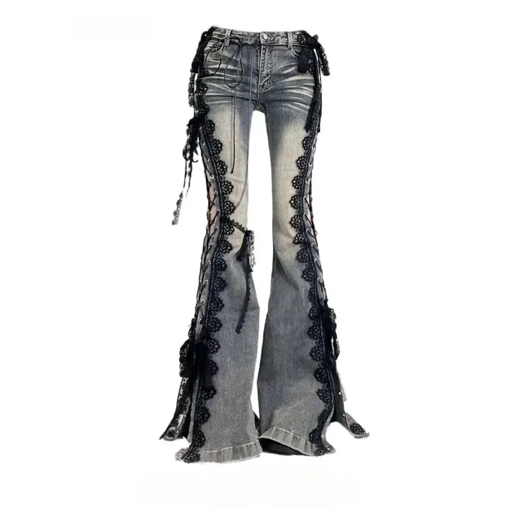 

Retro Eyelets Lace up Flare Jeans Slim Straight Leg Cleanfit PVC Material ex Winter Collection Faion Casual Pants