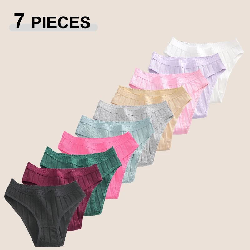 FINETOO 7-teiliges Set Damen Nahtlose Baumwollslips Sommer Dopamin Einfarbige Gestreifte Slips Weiche Atmungsaktive S-XXL Frühlingsunterwäsche