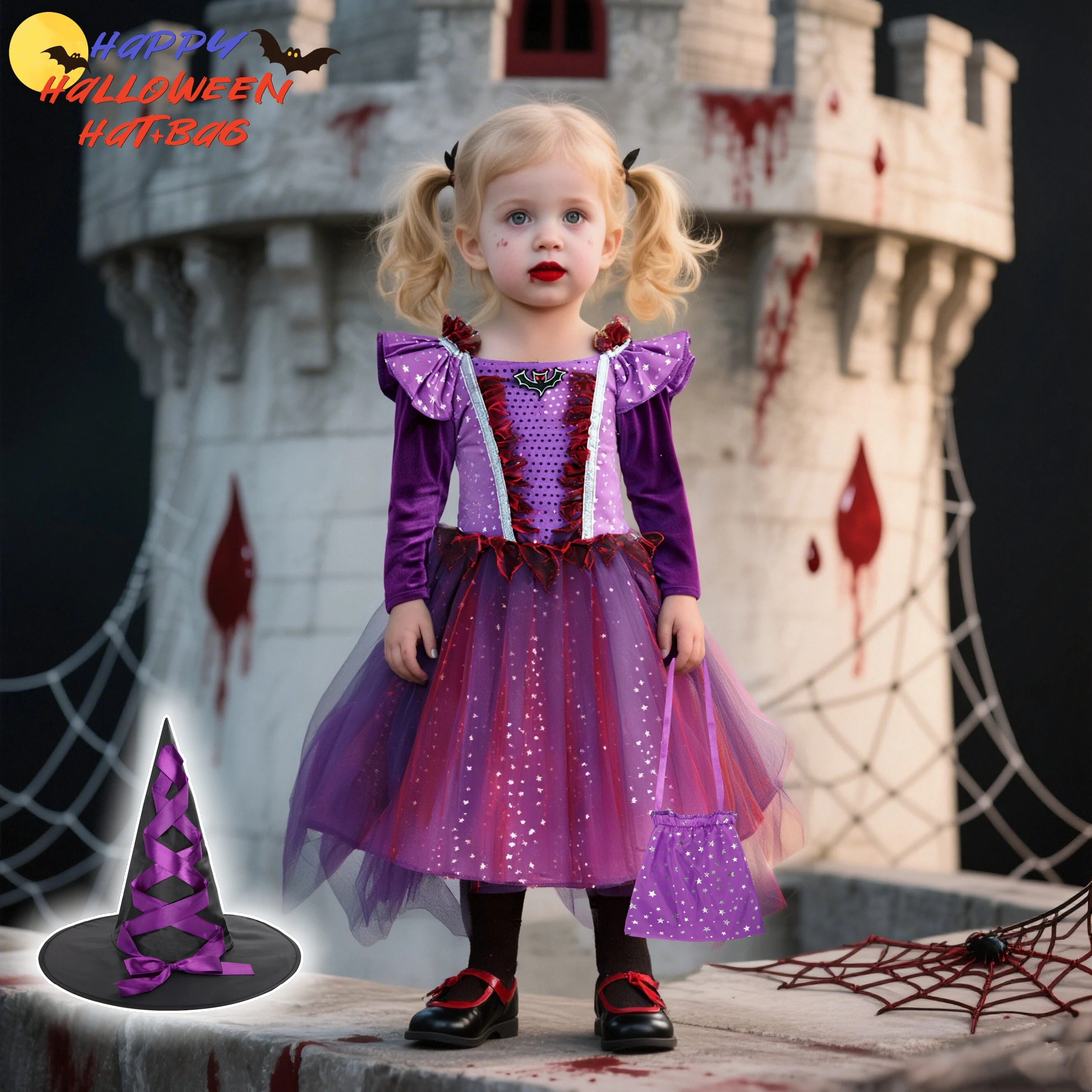 Halloween Children Girls Witch Party Dress Gothic Ghost Costume Kids Gown Robe Tutu Dress Witch Hat For Purim Carnival Party