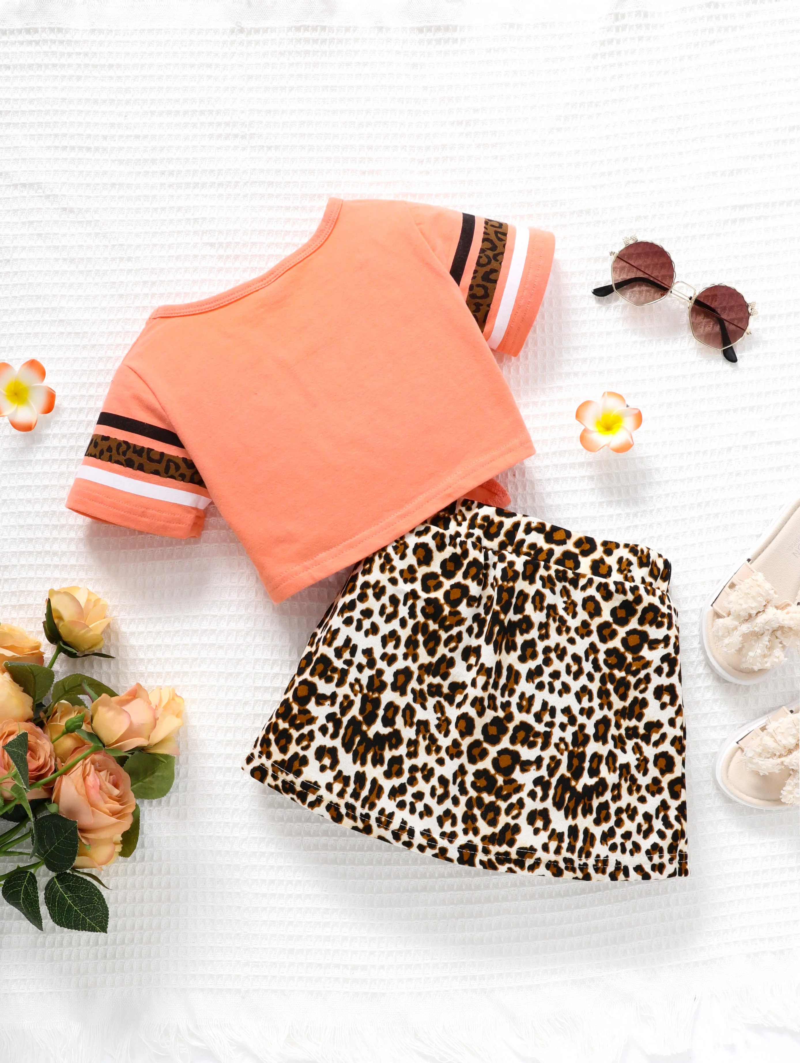 Girls Casual Summer Leopard Rabbit Print Short Sleeve Top And Skirt Two-Piece Set Children's Clothing Outfit for Girls