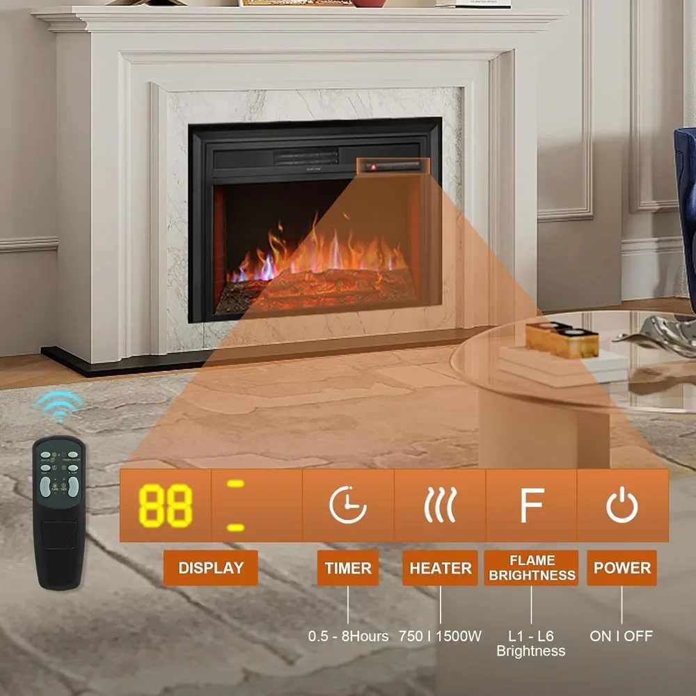 Calentador de 28 insertos para chimenea eléctrica - Lugares empotrados Inserto para chimenea eléctrica con control remoto, temporizador de 8 horas, 6 brillos