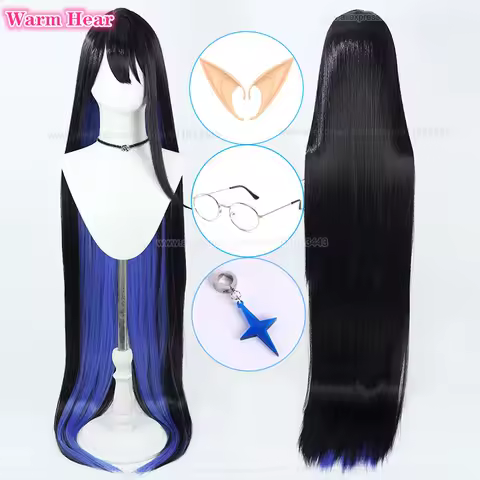 Game Nanagami Rin Synthetic Wig 135cm Long Black And Blue Straight Hair Cosplay Anime Wig With Ears Heat Resistant Wigs +Wig Cap