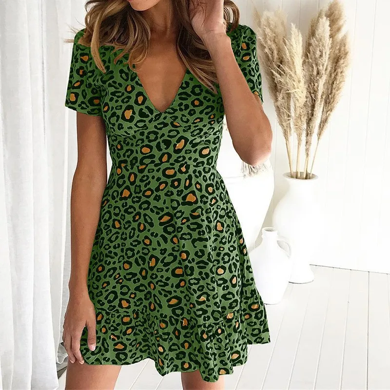 Summer New Women\'s Fashion Casual Dresses Leopard Print Deep V-Neck Lotus Leaf Edge Dress