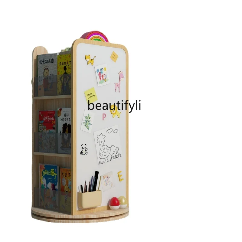 

Solid Wood Rotating Bookshelf Bookcase Floor Lego Building Block Wall Drawing Board Picture Book Storage Rack Multi-Layer