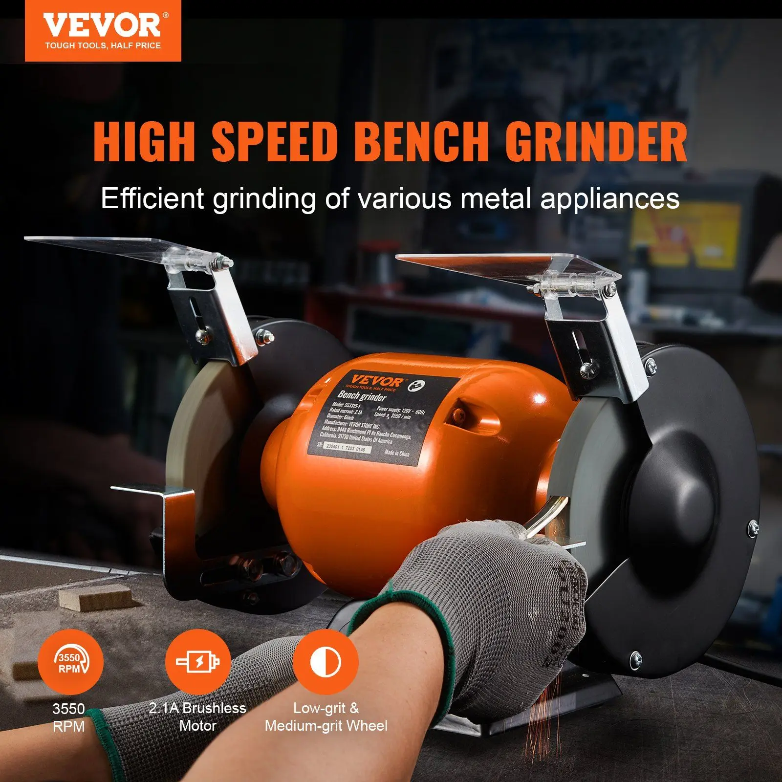 

Bench Grinder, 6 inch Single Speed Bench Grinder with Table Grinder with 36/80-Grit Grinding Wheels for Grinding