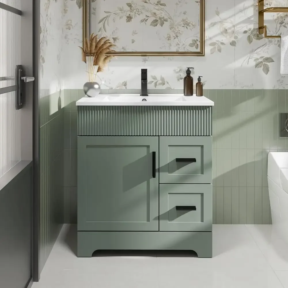 30 Gray Green Painted Vanity with Undermount White Sink and Matte Black Faucet