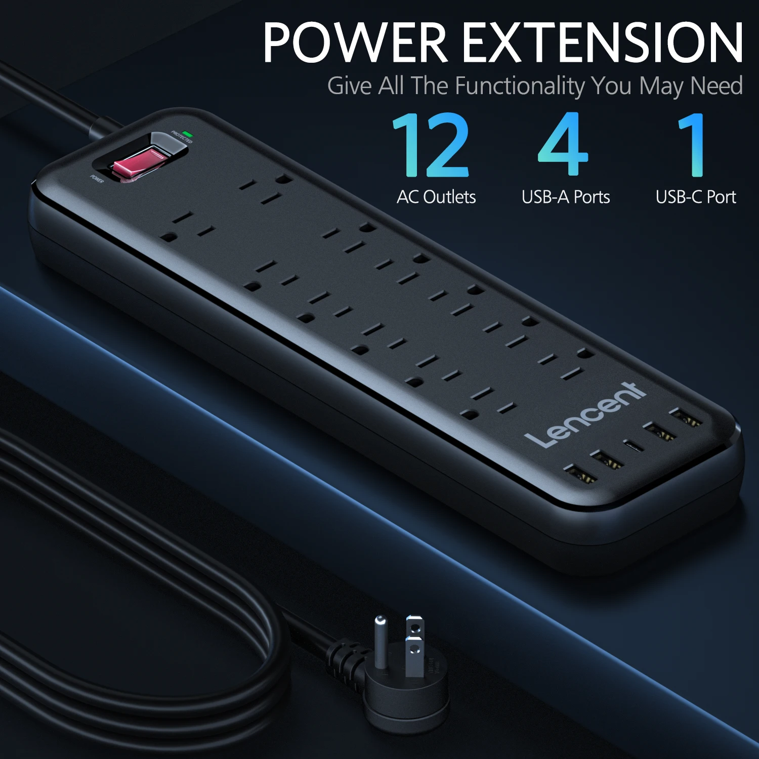 Lencent Power Strip Surge Protector Met 12 Outlets 4 Usb 1 Type C 6Ft Verlengsnoer (1875W/15A,3600J) Meerdere Socket Voor Thuis