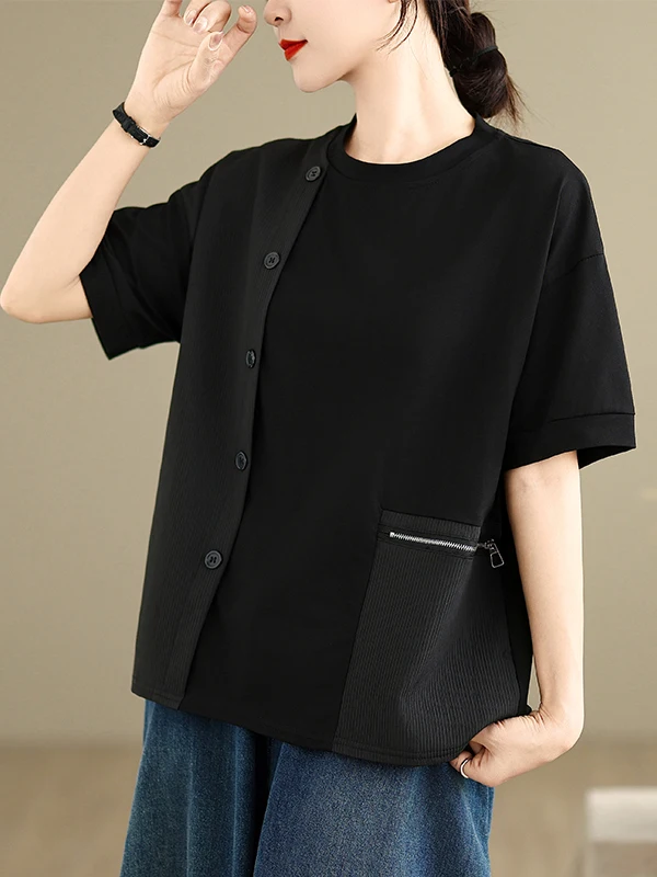 Verão novo plus size casual versátil jovem moda retalhos solto f manga curta cseta topo estilo coreano