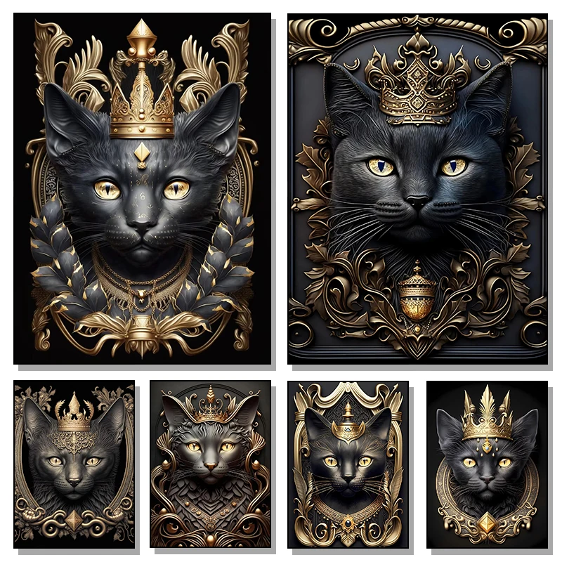 Retro Animal Abstract Advanced Black Aristocrat Kitten Gold Crown Frame Poster Canvas Painting Wall Art Pictures Home Decor