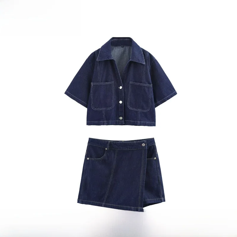 

Spring Summer New Women's Denim Double-breasted Short Shirt Skirt Pants Set ZR Style Short Sleeve Fashion Outfit Two-Piece Suit