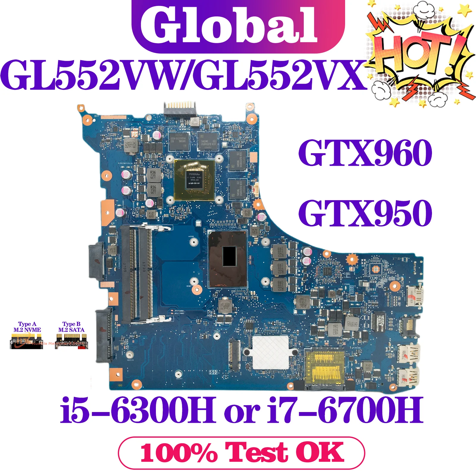 GL552VW Mainboard FX51V For ASUS GL552VX GL552V ZX50V G552V GL552VXK Laptop Motherboard I5 I7 6th GTX950M/GTX960M-V4G/V2G