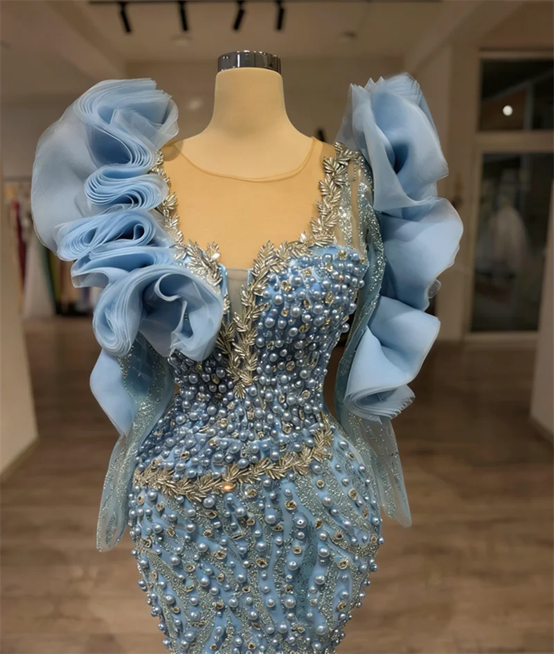 Hot Sale Blue Pearl Beaded Mermaid Evening Dresses Sparkly Crystals Wedding Party Gown Ruffles Celebrity Dress Robes de soiree