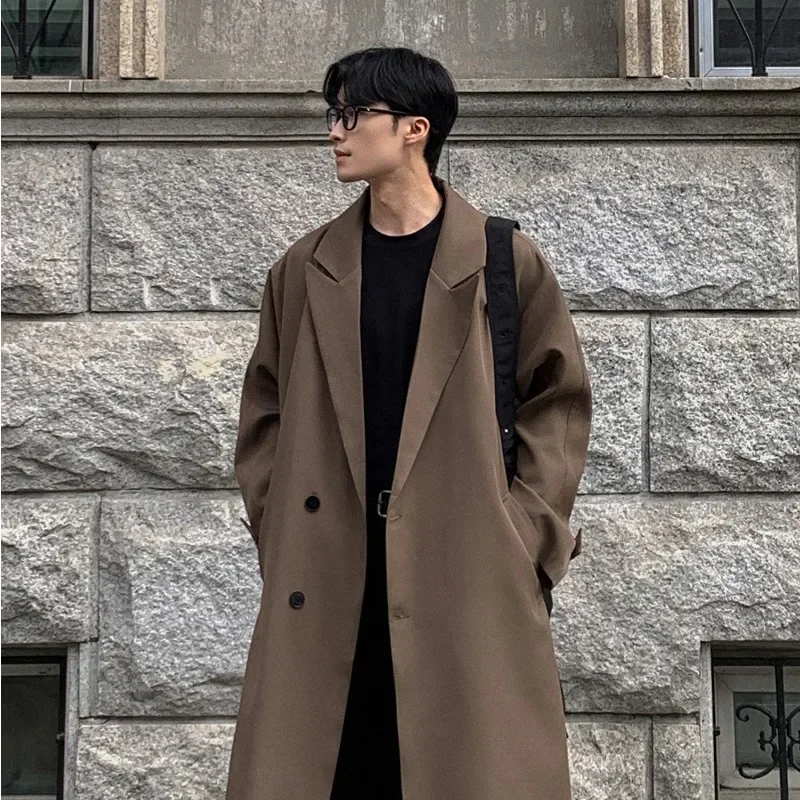 

Autumn New Coats Loose Mid Length Over Knee Thin Windbreaker Handsome Shoulder Padded Suit Jacket for Men Trench Coat